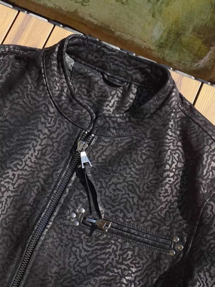 New Designer Spring Autumn Mens Goatskin Genuine Leather Jacket Slim Fit Stand Collar Zipper Punk Stage Show Leather Coat 5XL