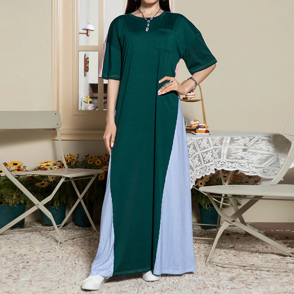 Rafiah Summer Arabian Dress 2025 Casual Edgy Contrast Color Short Sleeve Round Neck Maxi A-Line Long Dress For Women