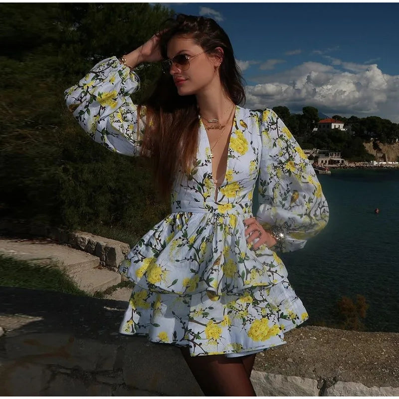 Floral Ruffled Hem Mini Dress – Women’s Deep V-Neck Lantern Sleeve Elegant Party Outfit