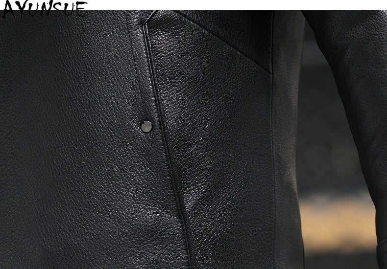 AYUNSUE 100% Real Goatskin Men Leather Jacket Stand Collar Detachable Down Liner and Mink Fur Liner Jackets Winter Mens Fur Coat