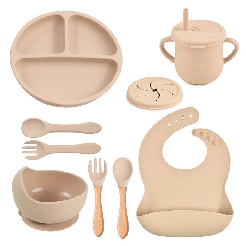 9pcs Baby Silicone Feeding Waterproof Set Children Suction Bowl Plate Spoon Fork Bibs Cup Kids Training Tablewear Bpa Free Gifts