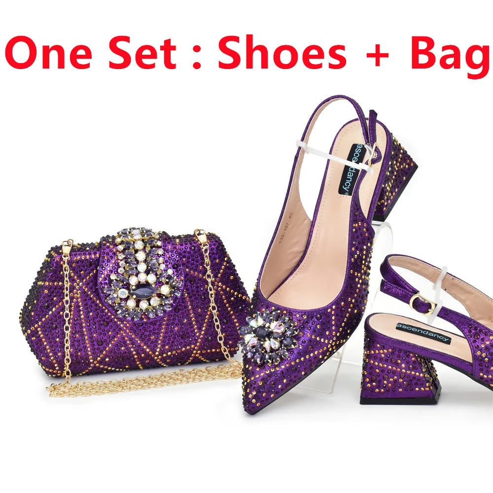 Elegant Baldauren Women’s Italian-Style Pointed Toe Slingback Pumps with Crystal Rhinestones & Matching Bag – African Party & Wedding Set (Sizes 37-43)