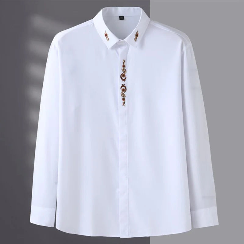 قميص رجالي جديد بأكمام طويلة للخريف بمقاسات كبيرة 7XL 8XL 10XL 12XL فستان عمل مطرز فضفاض غير رسمي بلوزة مرنة ملابس