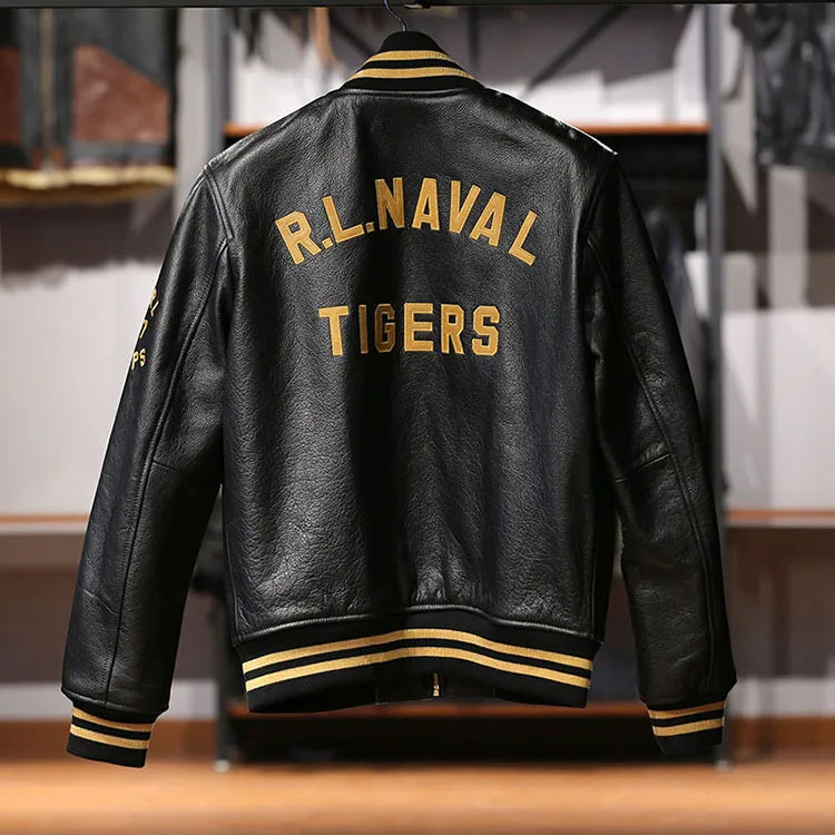 Men's top quality stand collar real leather jacket baseball tiger embroidery Fashion leisure first layer cowhide leather coat