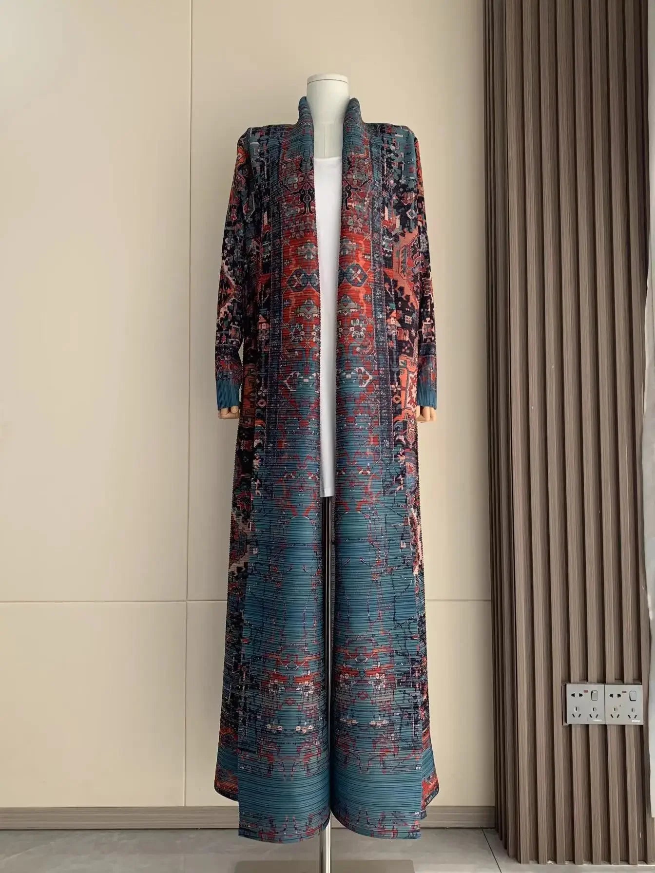 KAF Pleated Women Trench Coat Vintage Printed Cardigan Design Loose Plus Size Women Long Dress Dubai Female Luxury Abaya 2024