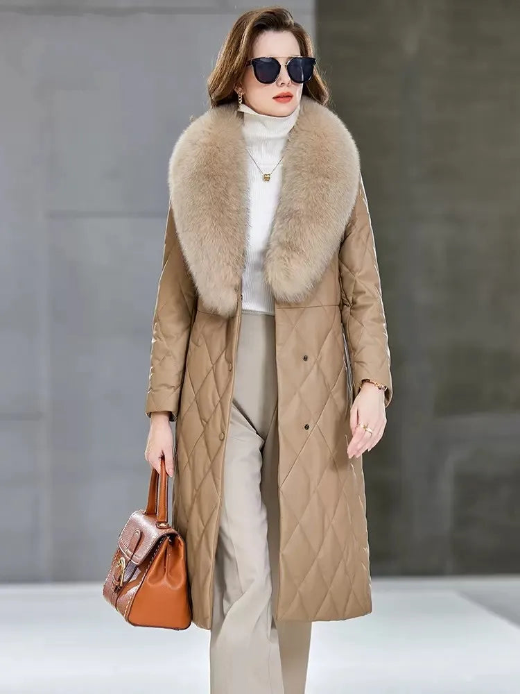 Women Winter Warm Sheepskin Long Down Jacket Belted Fox Fur Collar Elegant Lady Genuine Leather Overcoat Windproof Trench Coat