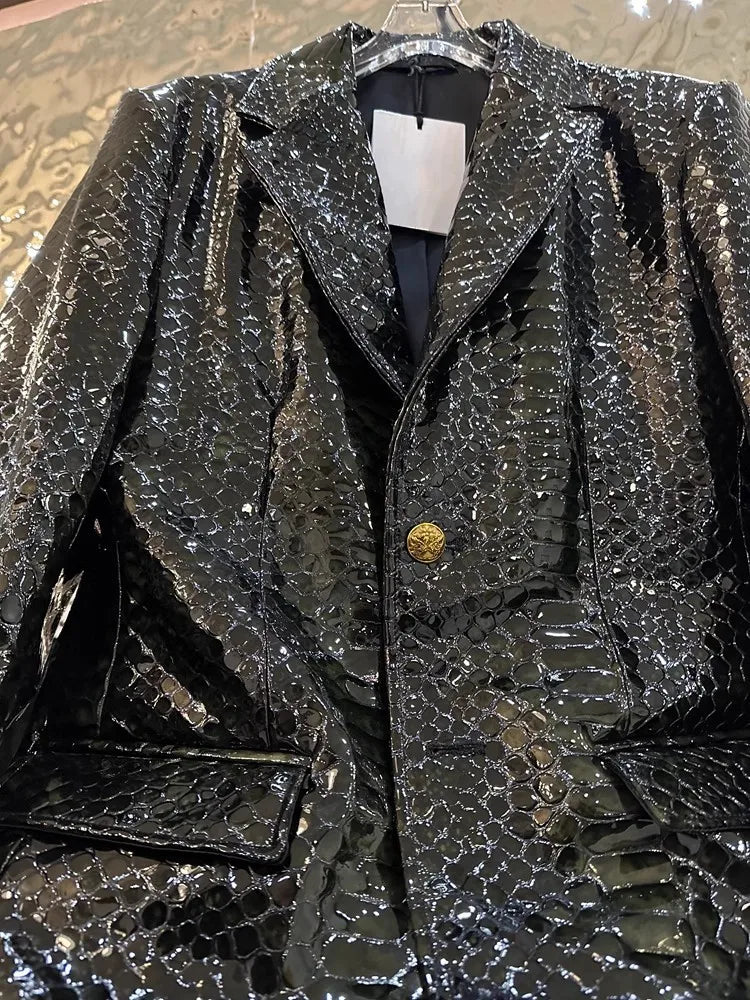 Luxury Mens Genuine Leather Coat Long Sleeve Turn-Down Collar Designer New Fashion Casual Snake Pattern Sheepskin Suit Jacket