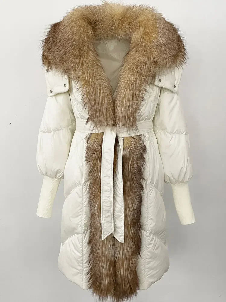 2025 Autumn Winter Women Coat Real Natural Fox Fur Long Down Jacket Thick Warm Casual Hooded White Duck Down Elegant Overwears