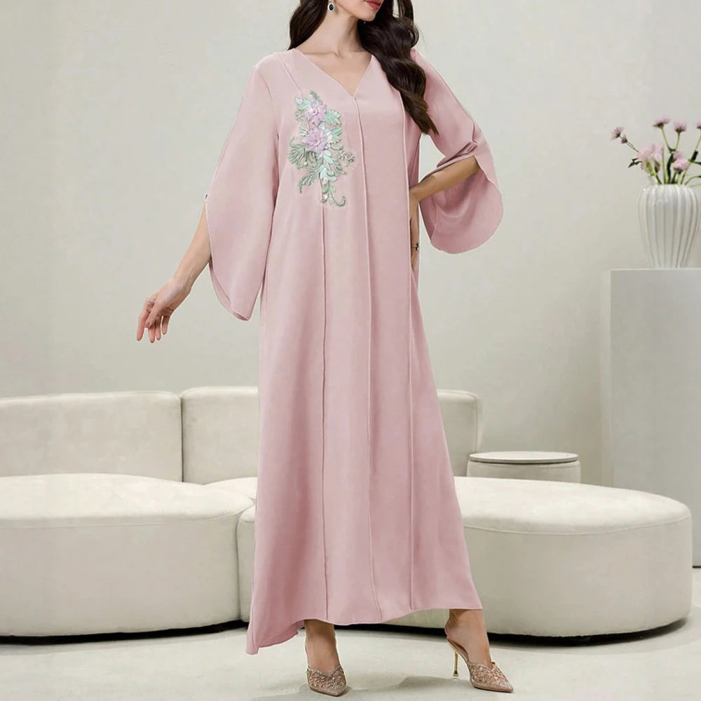 Rafiah Summer Dresses 2025 Women's Appliques Plain Draped Long Flare Sleeve V-Neck Loose Fit Basics Arabian Midi Dress