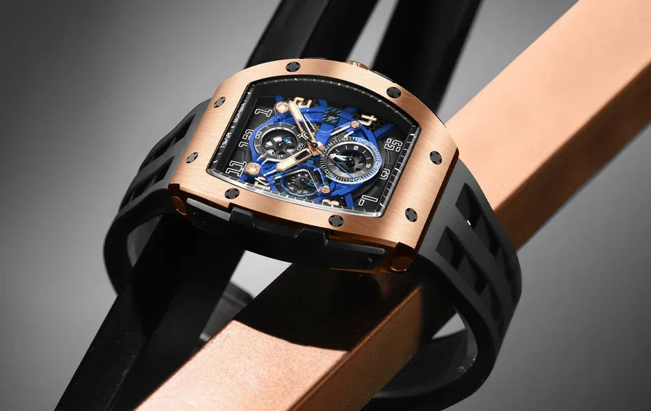 TSAR BOMBA Luxury Mens Watch Top Brand Wristwatch Tonneau Clock Rubber Strap Chronograph Sapphire Watches for Men
