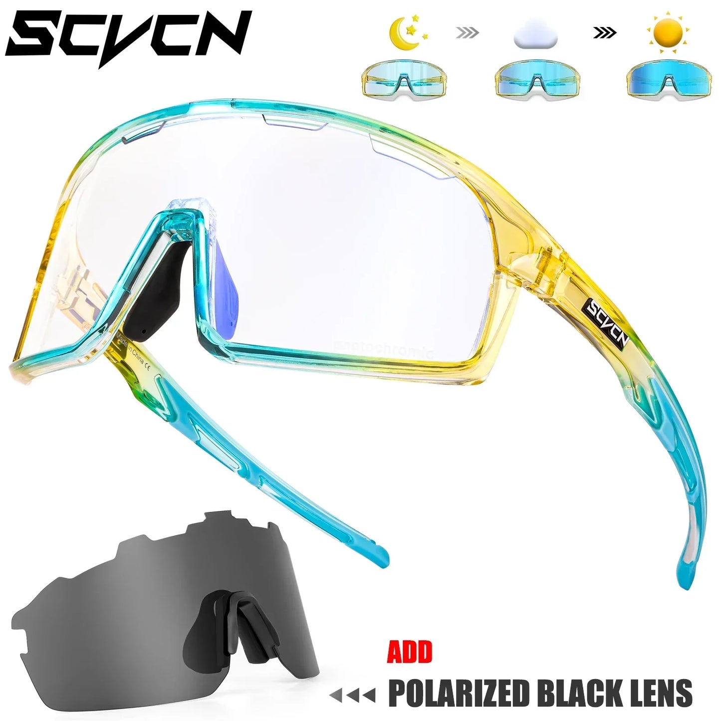 SCVCN Photochromic Cycling Sunglasses for Man Blue Outdoor Sports Bike Glasses MTB Fishing Glasses Bicycle Goggles UV400 2lens