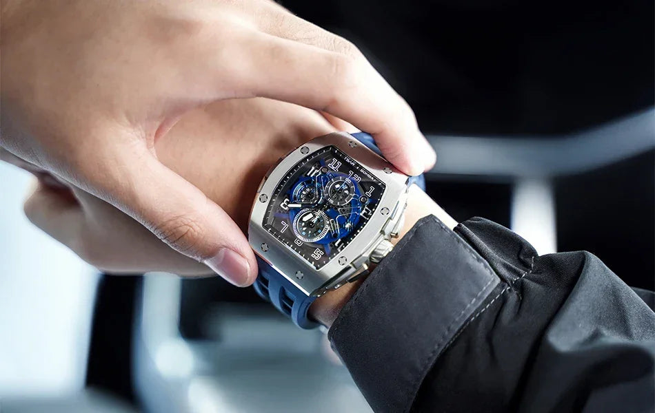 TSAR BOMBA Luxury Mens Watch Top Brand Wristwatch Tonneau Clock Rubber Strap Chronograph Sapphire Watches for Men