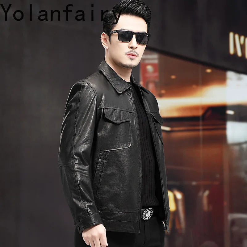 Men's Distressed Genuine Cowhide Leather Jacket – Spring Autumn Casual Slim Fit
