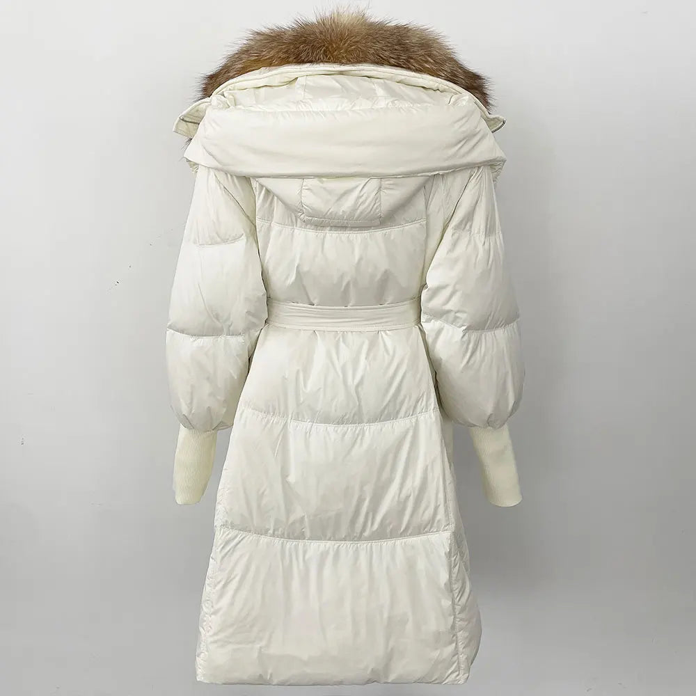 2025 Autumn Winter Women Coat Real Natural Fox Fur Long Down Jacket Thick Warm Casual Hooded White Duck Down Elegant Overwears