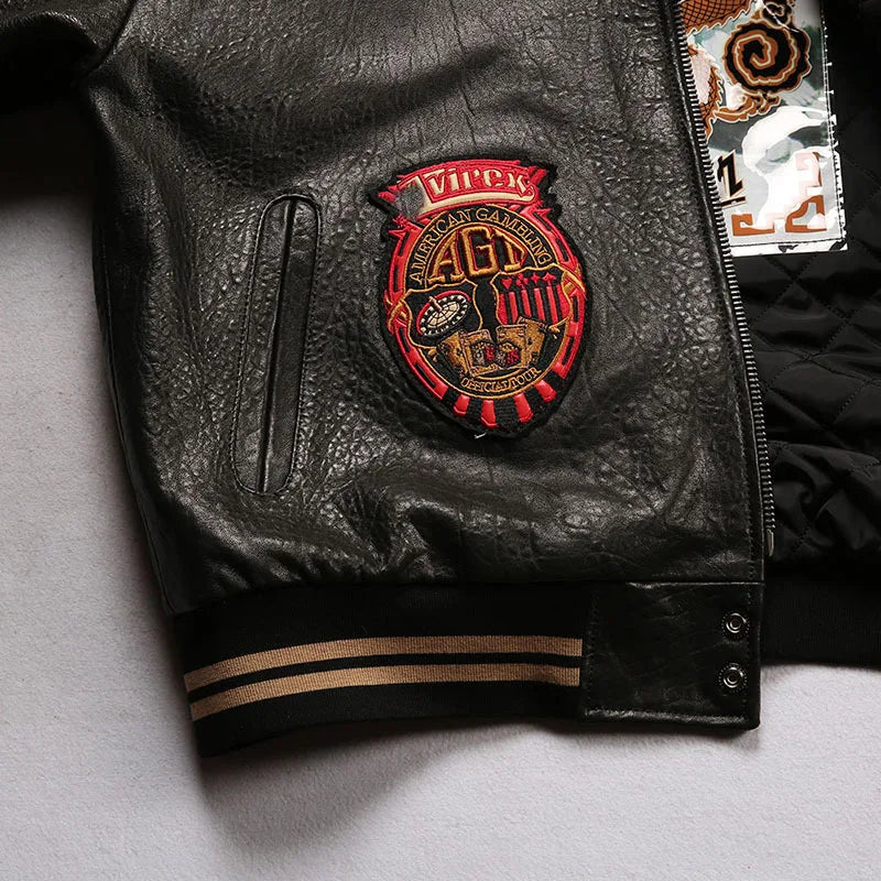 Men leather jacket sheepskin retro leisure Europe the United States large size flight suit loose version casino poker warm