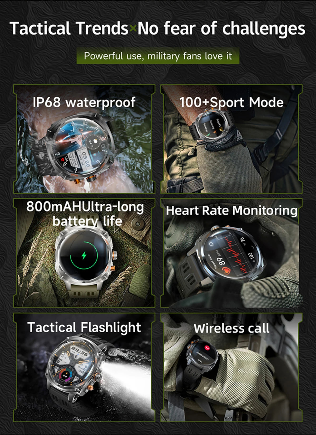 LIGE Rugged Military 1.75-inch AMOLED Screen Smart Watch With LED Flashlight 800mAh Battery Bluetooth Call Smart Watch Men Gift