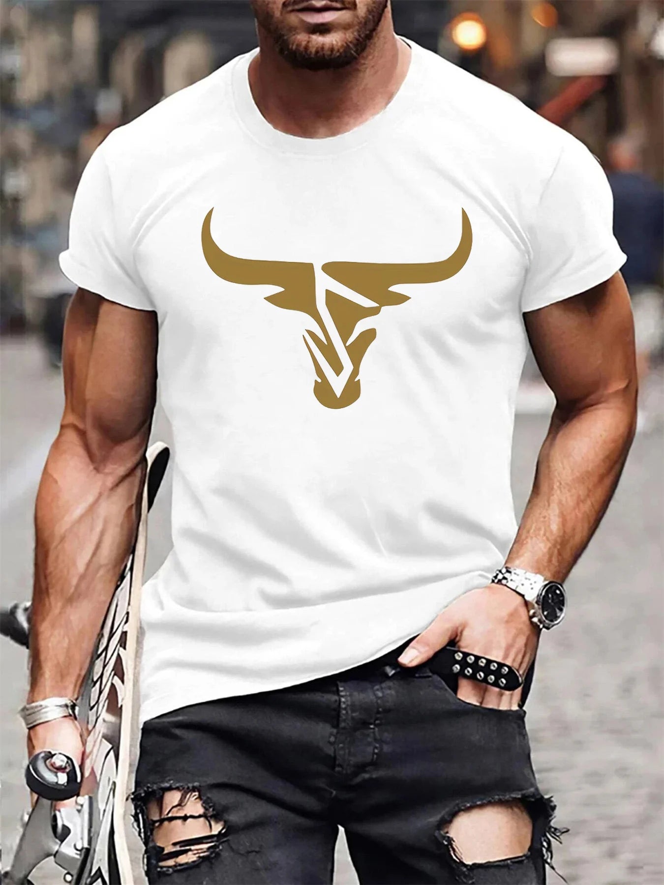 Summer men's 100% pure cotton casual loose fit plus size bull pattern printed comfortable round neck short sleeved T-shirt top