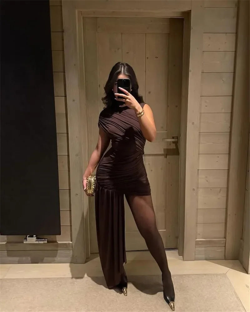 Women's Sleeveless Irregular Draped Ruched Bodycon Party Dress – Elegant Slim Fit, Floor-Length