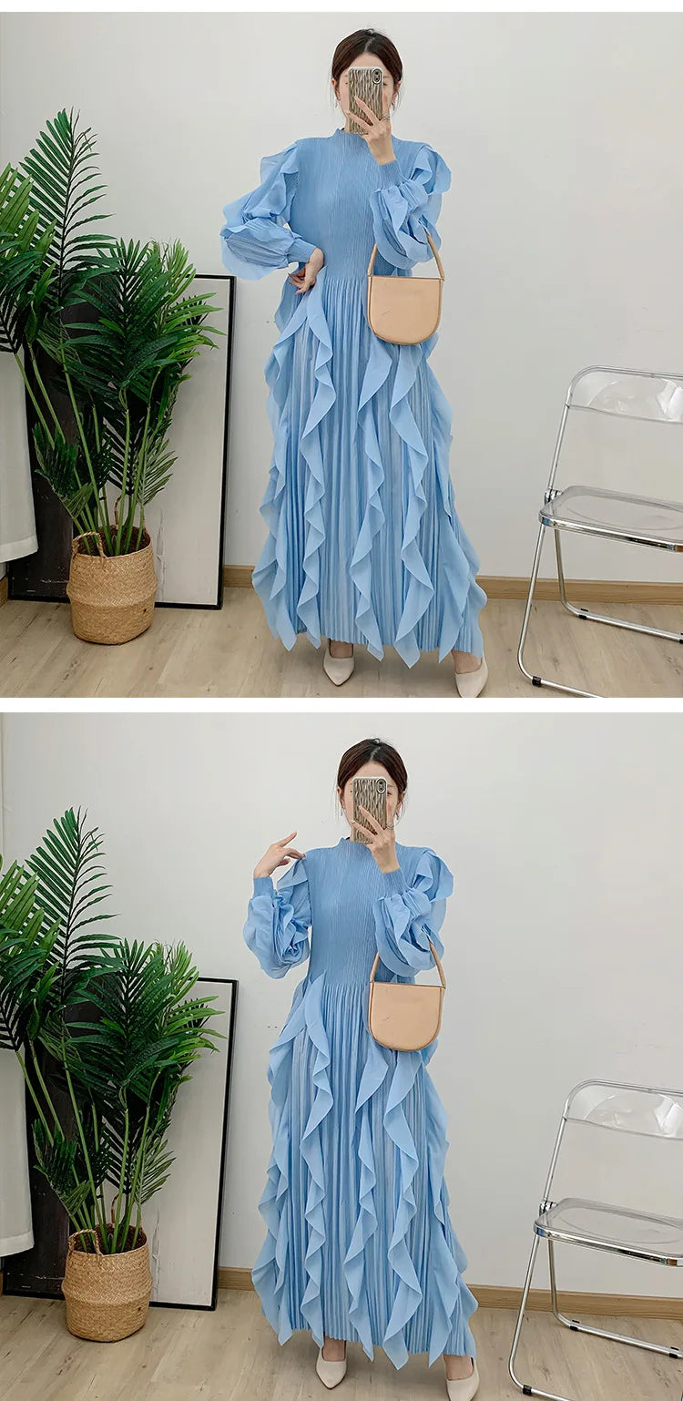 Fashion Ruffles Pleated Dress Women Round Neck Flare Sleeves Solid Maxi Belt Dresses Party 2025 Autumn New