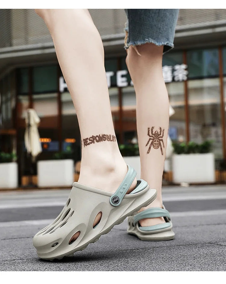 Summer Men's Fashion Beach Sandals Clogs Thick Sole Slipper Waterproof Anti-Slip Sandals Flip Flops Non-slip Soft EVA Hole Shoes
