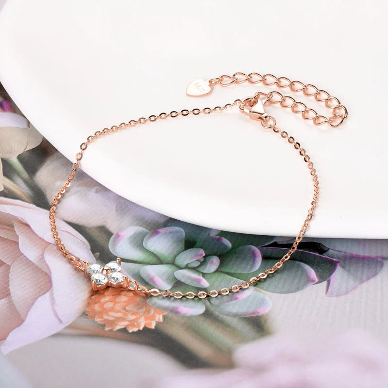 Lnngy Moissanite Four Leaf Flower Chain Bracelet for Women 925 Sterling Silver Niche Simple Desgin Bracelets Jewelry Accessories