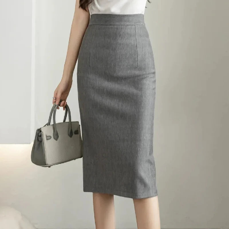 Classic Vintage Gray Red Stretch Pencil Skirts For Women Office Lady Formal Black Midi Skirts Elegant Female Package Hip Skirts