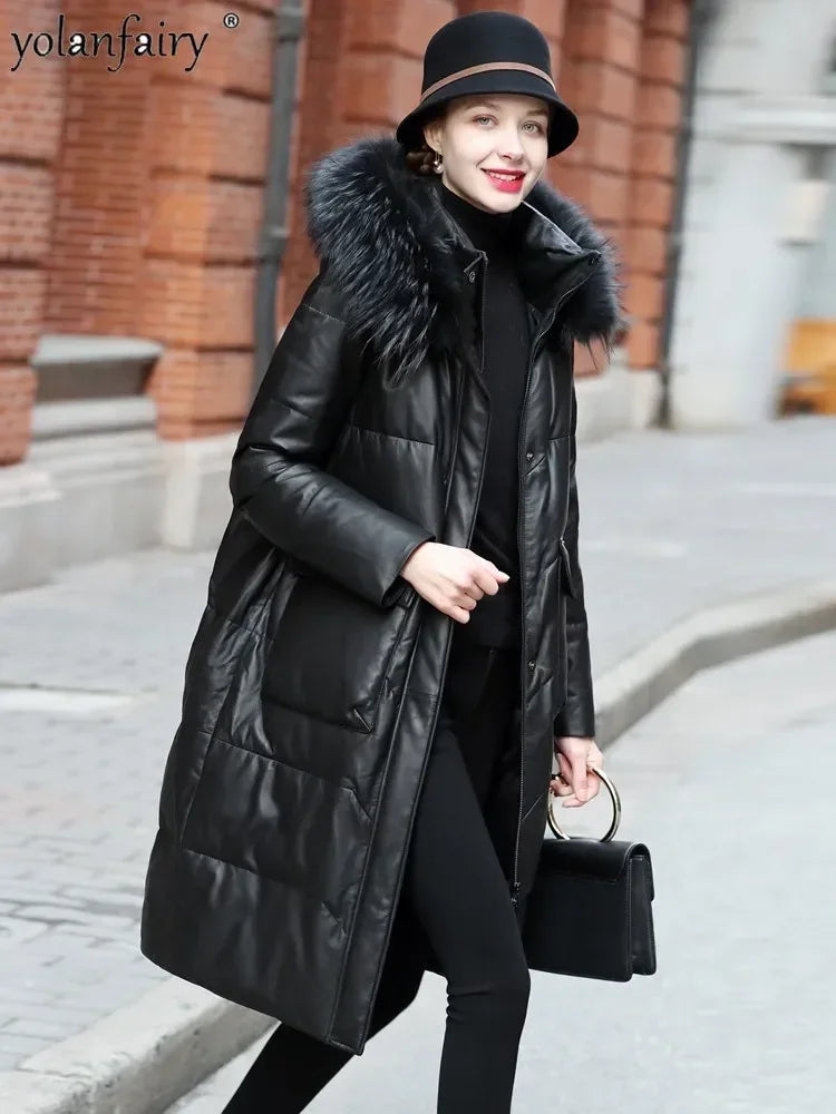 YOLANFAIRY Winter Long Coat Women's Genuine Leather Down Jacket for Women Sheepskin Coats Female Loose Versatile Fur Collar FCY
