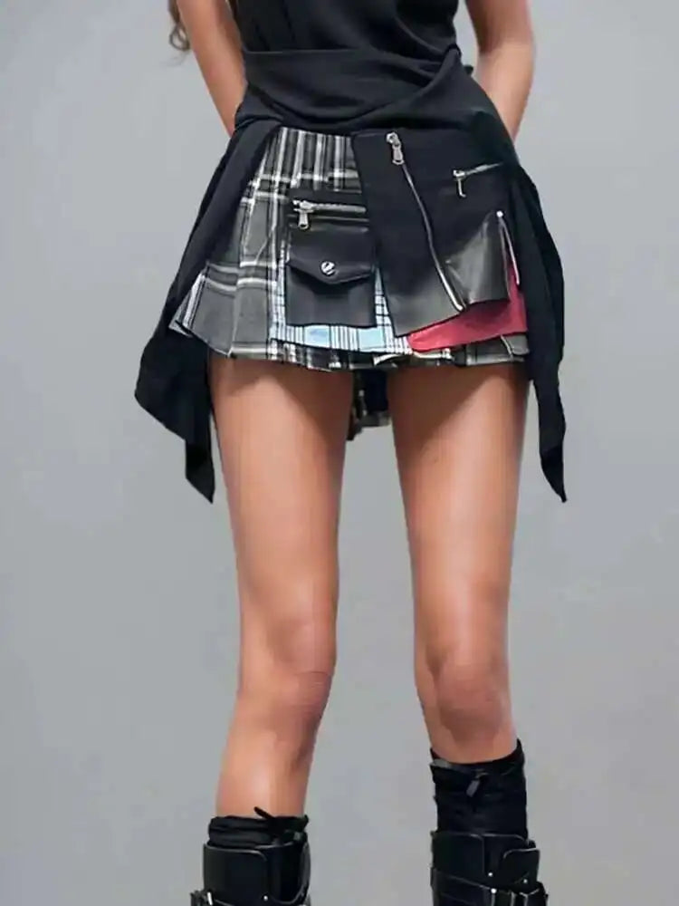 DEAT Fashion Trendy Women's Patchwork Plaid Design Pleated Mini Skirts 2025 Summer New High Waist A-line Skirt Female 29L7565