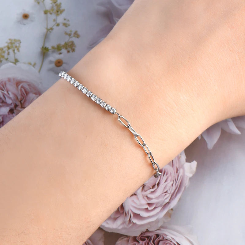 Lnngy 2mm Moissanite Bracelet Korean Ins 925 Sterling Silver Paper Clip Chain Adjustable Bracelets For Women Simple Hand Jewerly