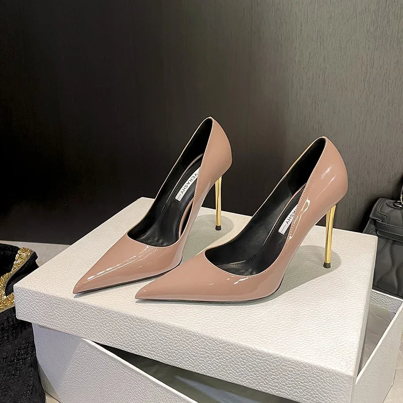 Green Shoes Quality Woman Pumps Patent Leather High Heels Sexy Party Shoes Metal Stilettos Luxury Wine red High-heeled Shoes