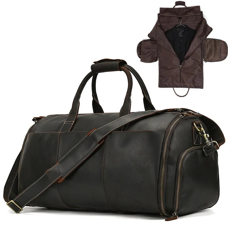 Crazy Horse Leather Folding Suit Bag Man Business Travel Bag With Shoe Pocket Clothes Cover Luggage Duffel Bag Man Bag For Suits