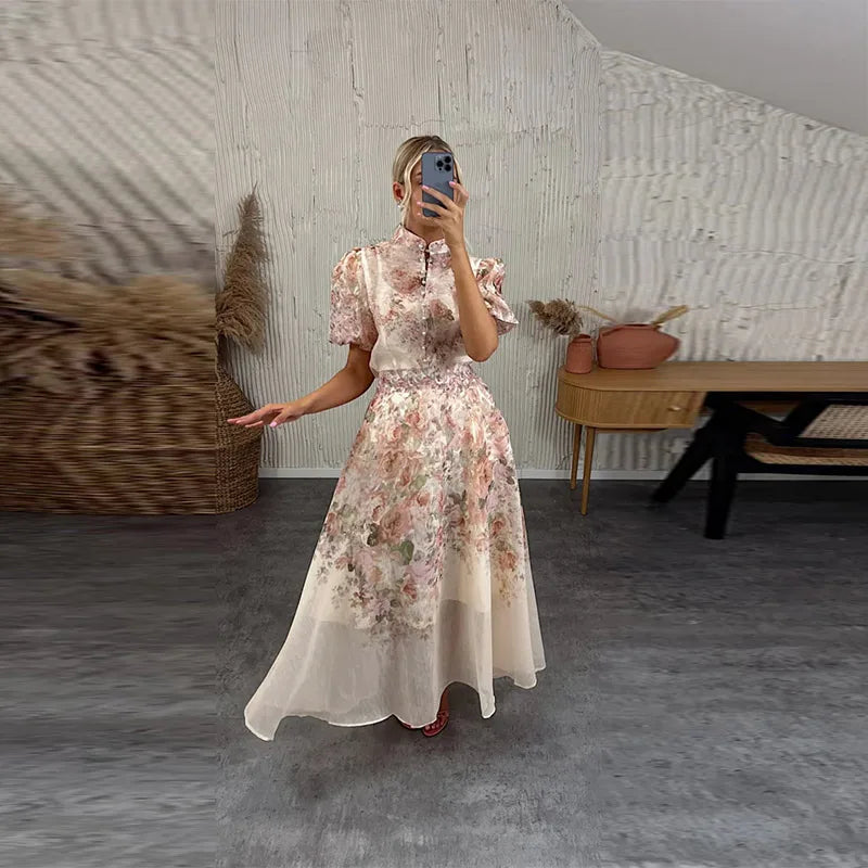 Floral Printed Two-Piece Skirt Set – Loose Full Sleeve Shirt & Pleated Maxi Skirt