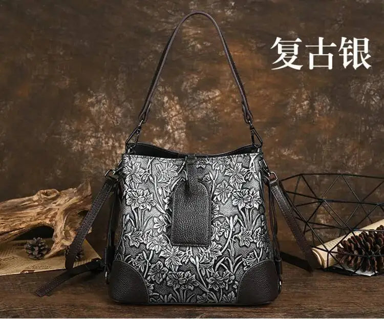 MOTAORA Retro Embossed Genuine Leather Women Shoulder Bucket Bag Luxury Cowhide Handbag Female New Large Capacity Crossbody Bags