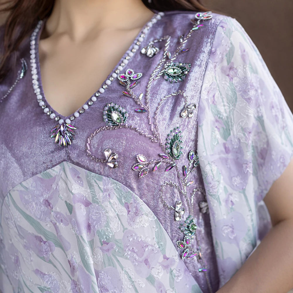 Rafiah Summer Dress 2025 Women's Sophisticated Beading Long Sleeve V-Neck Dating Long Arabian Dress