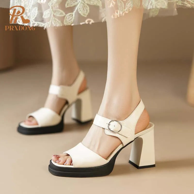 GrabliWorld Women’s Genuine Cow Suede Chunky High Heel Platform Sandals