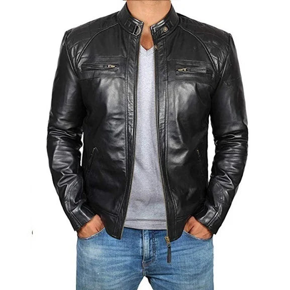 2024 New Spring and Autumn Men's Fashion Handsome Leather Coat Stand Collar Punk Motorcycle Leather Jacket Faux Leather