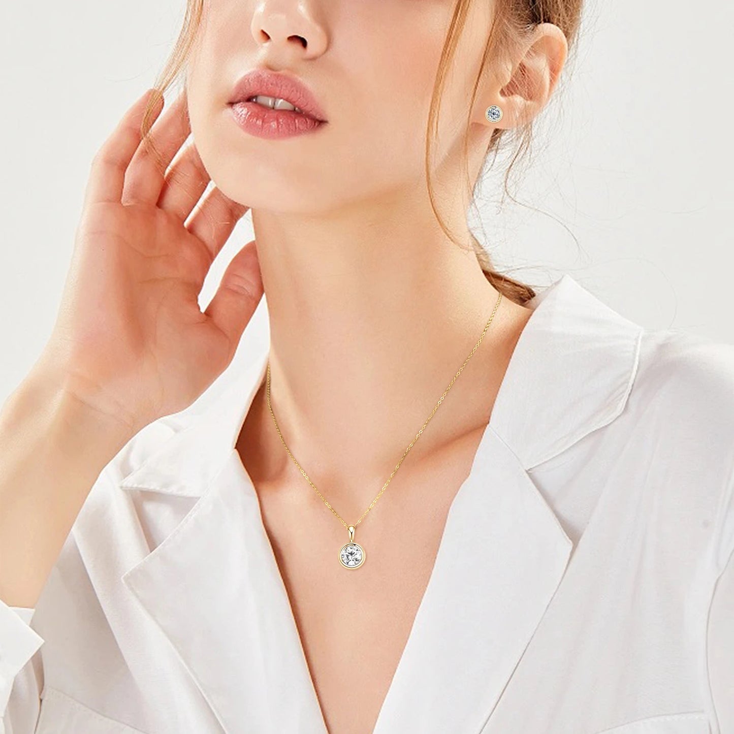 Anziw 925 Silver Set 2ct Moissanite Pendant Necklace 1ct 0.5ct Stud Earrings 18K Gold Plated Jewelry Sets for Women Wedding Gift