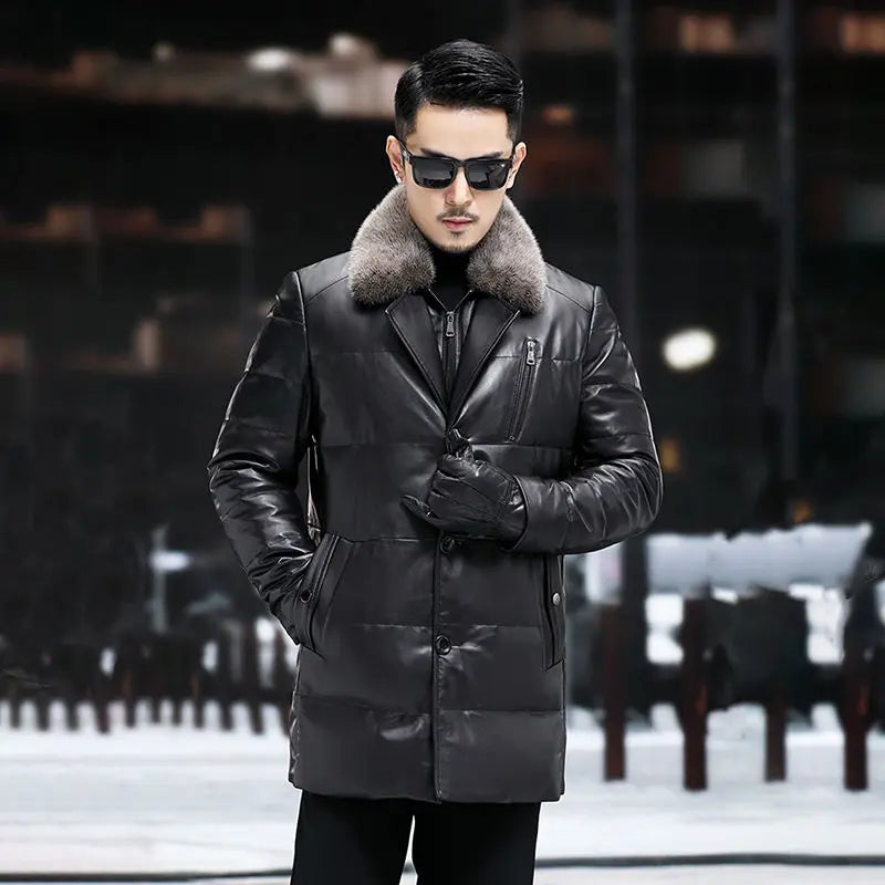 Men's Leather Jacket, Mid-Length, Lapel, Single Breasted Down Jacket, Mink Collar, Sheepkin, Thick Coat, Autumn and Winter