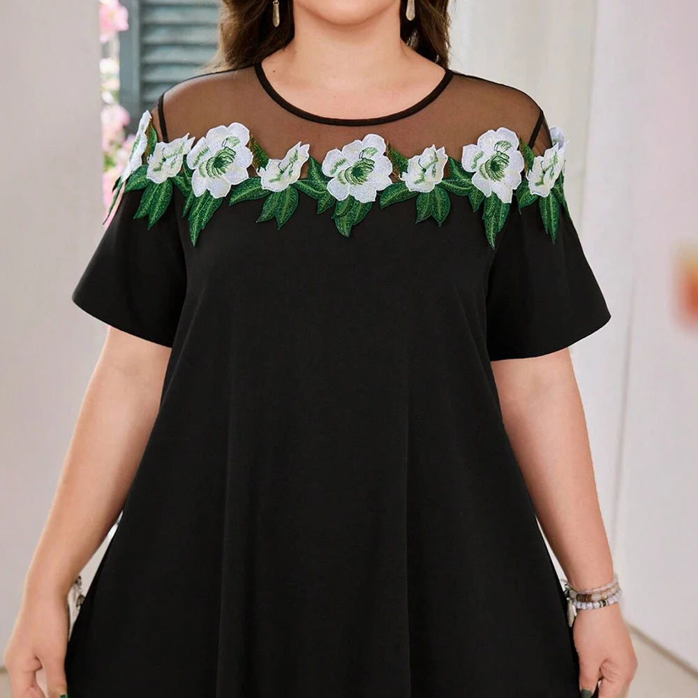 Plus Size Rafiah Women's Arabian Dress Summer Fashion Decent Floral Short Sleeve Round-Neck Midi Casual Shift Dresses