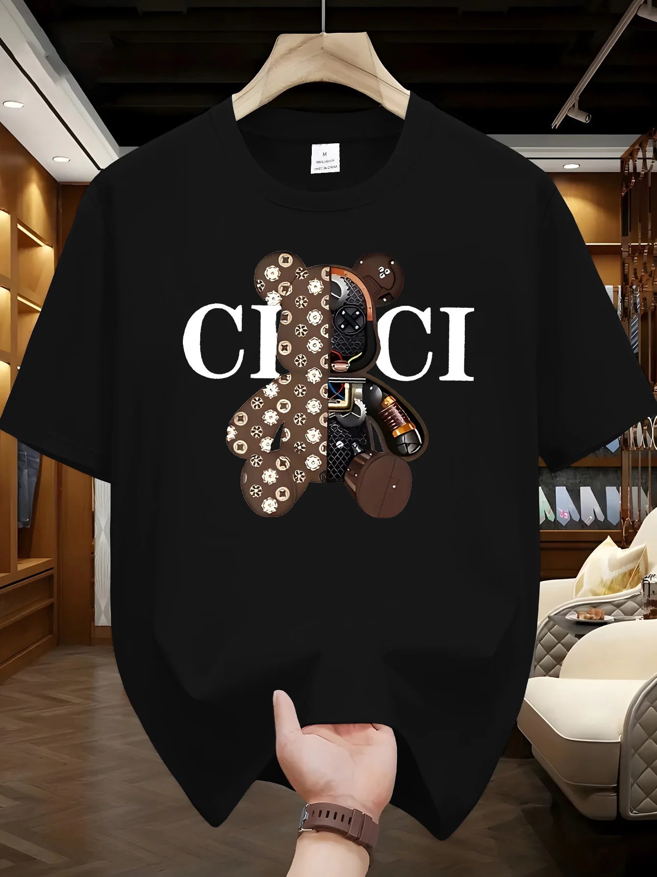 Men's summer 100% pure cotton fashionable casual loose brown mechanical bear cartoon printed round neck short sleeved T-shirt