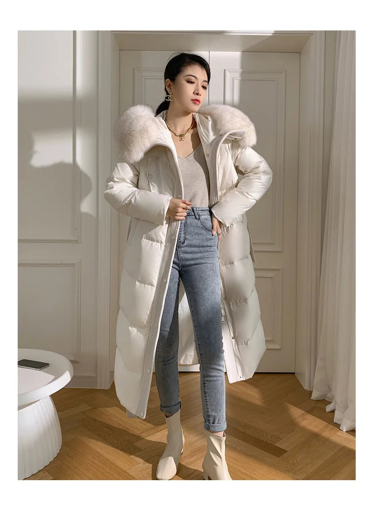 Women’s Luxury White Goose Down Coat – Hooded Long Jacket with Fox Fur Collar & Belt