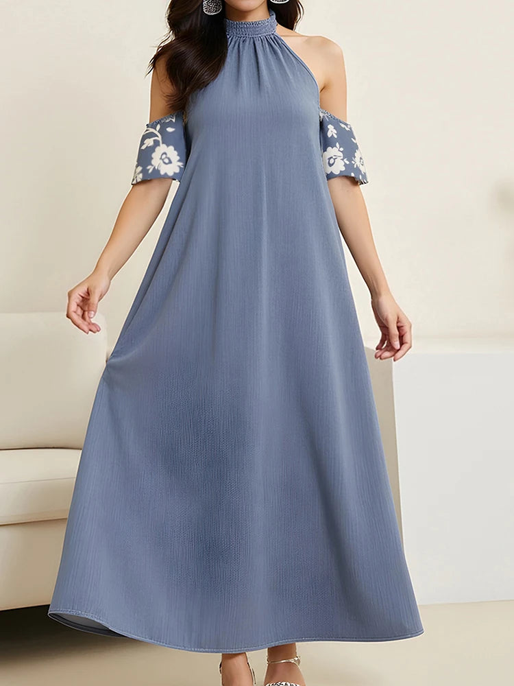 Rafiah Women's Spring Blue Cold Shoulder Maxi Dress with Ruffled Sleeves Casual Loose Fit A-Line Dress