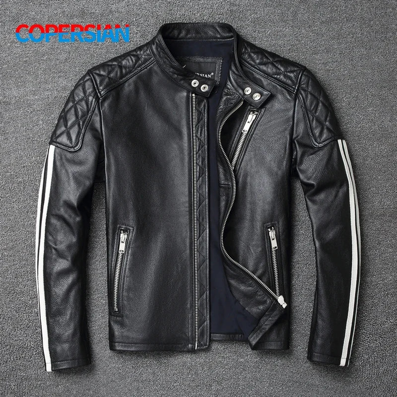 New fashion Men Leather Jacket 100% Genuine Cowhide Coat White Stripes Cool Biker Slim Short Autumn Leather Clothing.