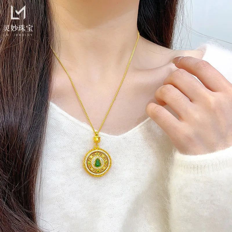 Women's 24K Gold Rotatable Hollow Pendant, AU999 | Distressed hollow-texture, rustic elegance for everyday grace.