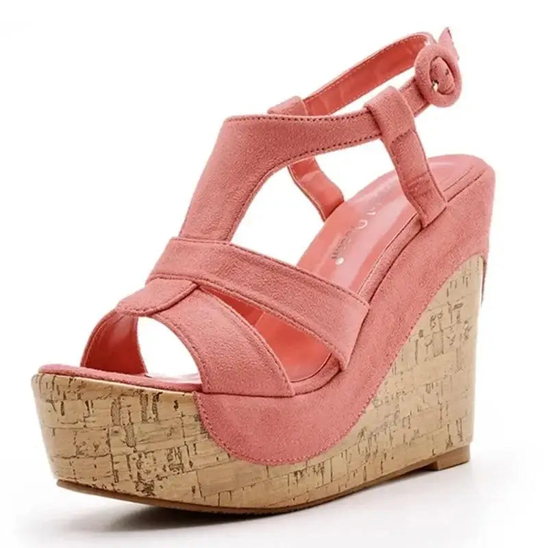 Women’s Summer Flock Sandals – 12CM Wedge Heels with Buckle Strap, White