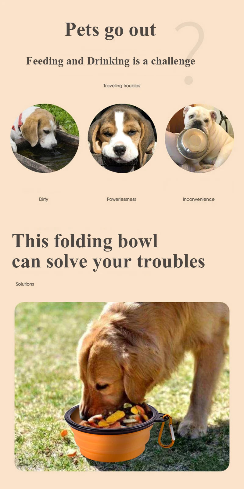 350ML Folding Black Frame Bowl with Keychain Pet Bowl Portable Travel Bowl Convenient Cat Bowl Not Easy to Deform Folding Bowl