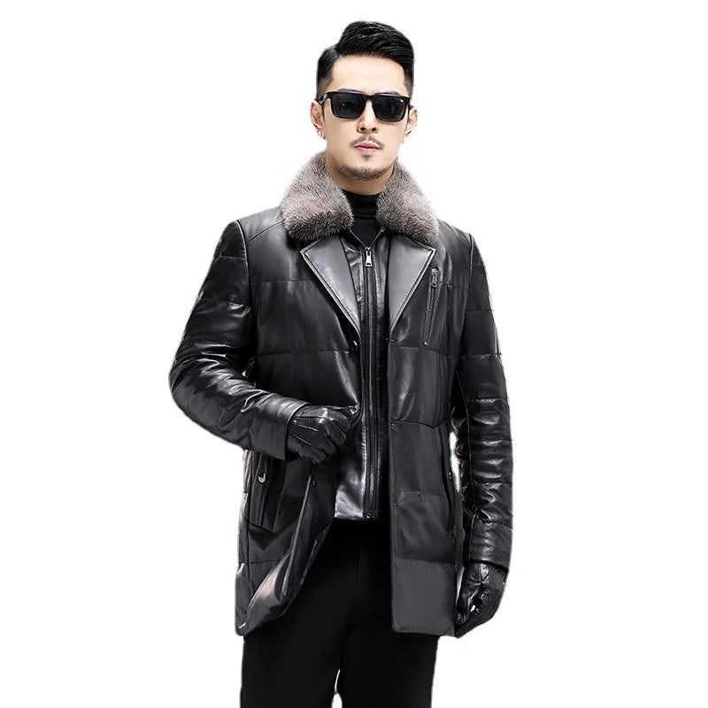 Men's Leather Jacket, Mid-Length, Lapel, Single Breasted Down Jacket, Mink Collar, Sheepkin, Thick Coat, Autumn and Winter
