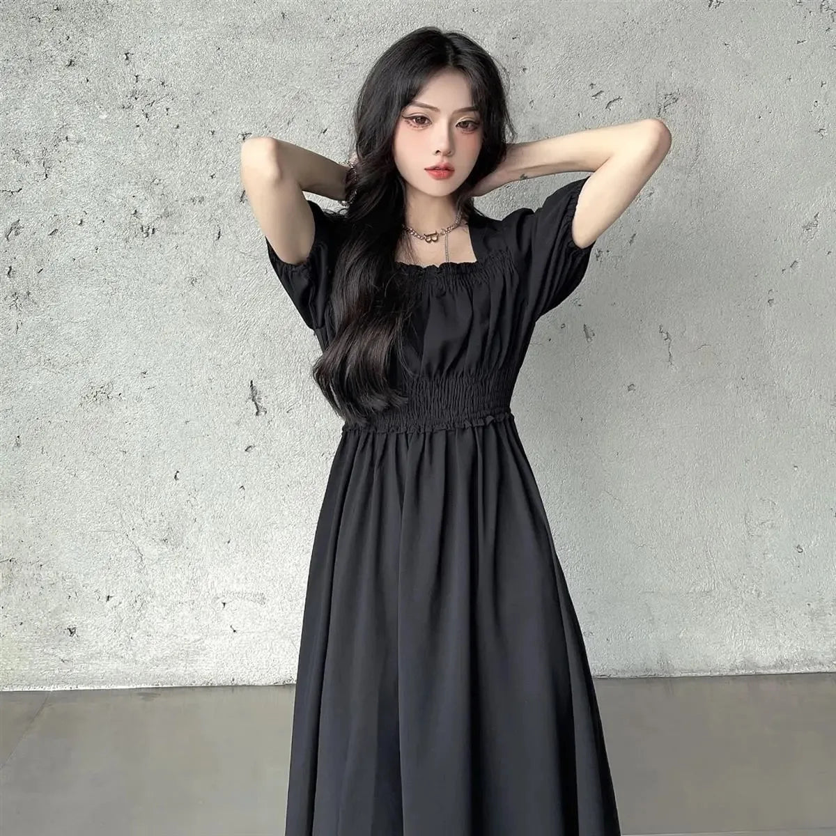 Sweet Retro Hepburn Sle Square Collar Dr Waist-Cinching Long Bla Dr Initial Love Tea Break Faionable Summer Dr