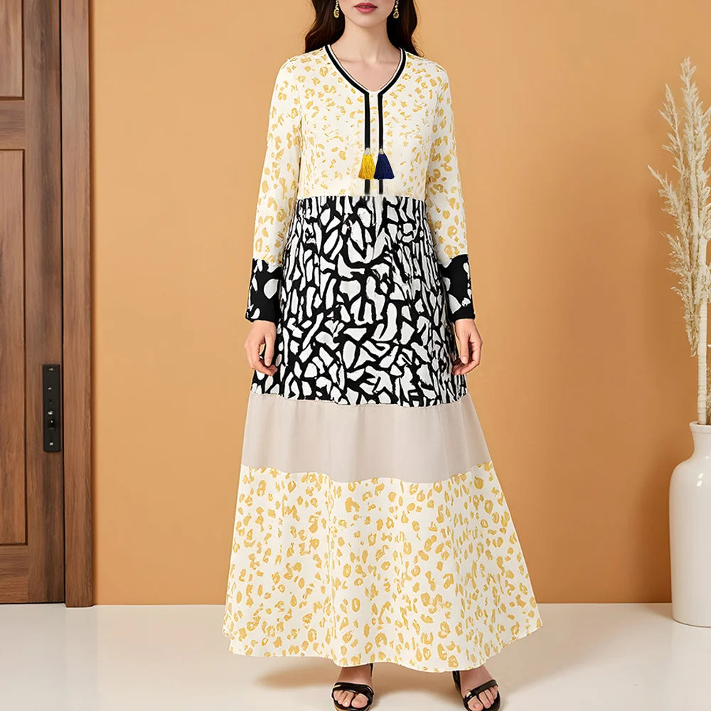 Rafiah Autumn Arabian Long Dress 2025 Modest Fashion Patchwork Long Sleeve V-Neck Midi A-Line Casual Dress For Women