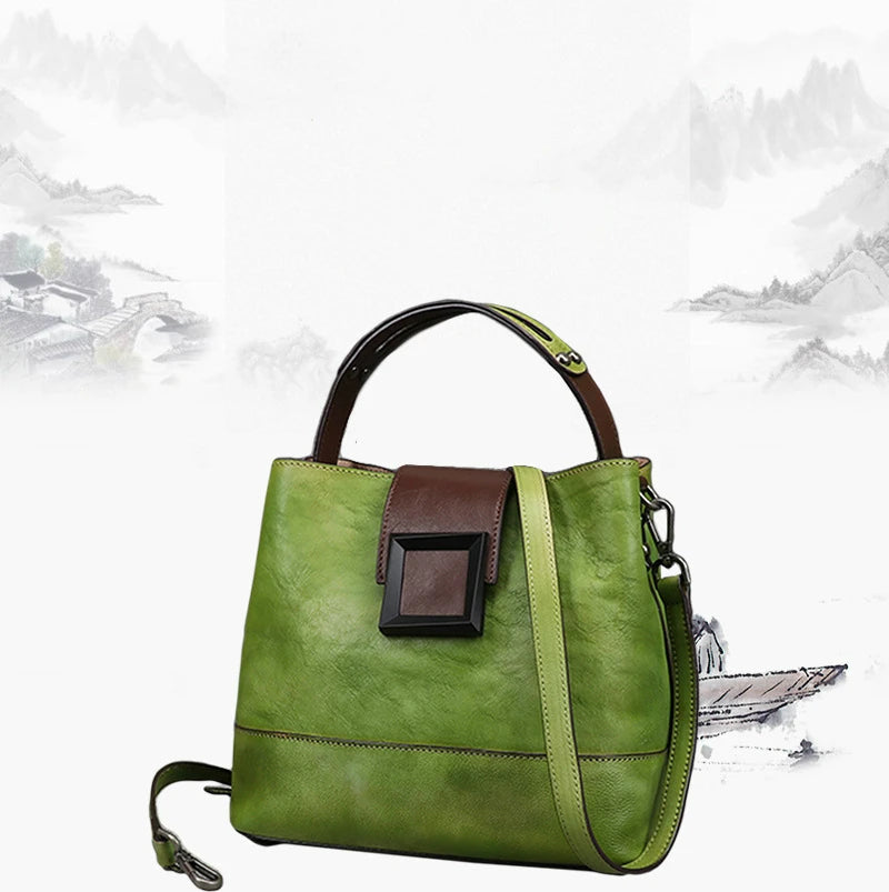 MOTAORA Women's Vintage Bucket Bag Genuine Top-Grain Leather Handmade Purse Luxury Designer Casual Office Travel Shoulder Bag